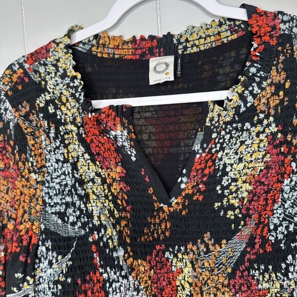 Anthropologie Akemi + Kin Adria Smocked Floral Blouse Size Large Black Splitneck - Picture 7 of 14